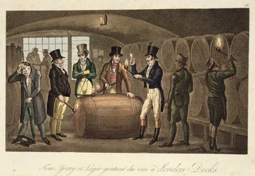 Tom, Jerry e Logic degustam vinho no London Docks, de &39;Life in London&39; de Pierce Egan, 1821-22 (colorido aquatint)